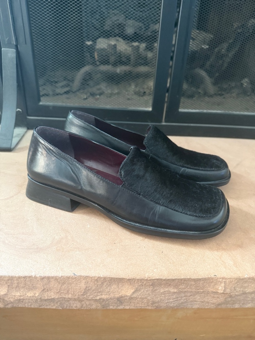 VTG 90s Y2K Nine West Black Leather Calf Hair Square Toe Loafers Brazil 7M